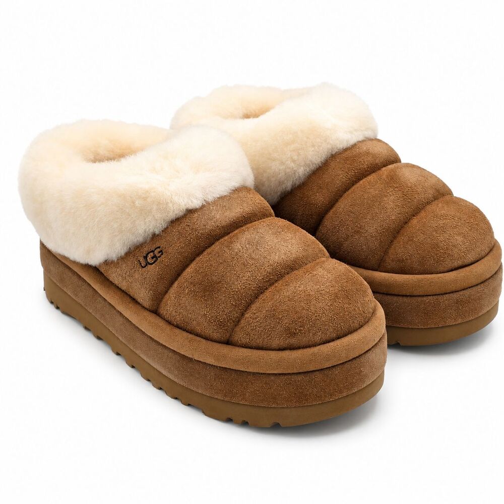 UGG Tazzlita Women's 8 Chestnut Suede Platform Slippers Sheepskin 1146390-CHE